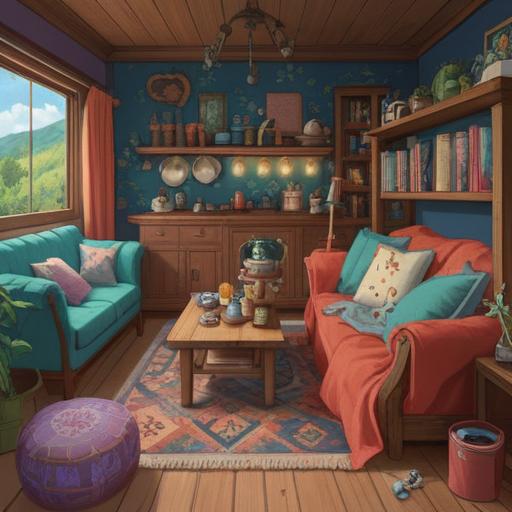 A whimsical scene depicting an assortment of lucky items to stay in, a cozy room filled with soft blankets and pillows, a cup of tea beside a stack of unread books, a lucky charm hanging from the window, an inviting atmosphere, subtle light filtering through curtains, a gentle and relaxed vibe, 4k