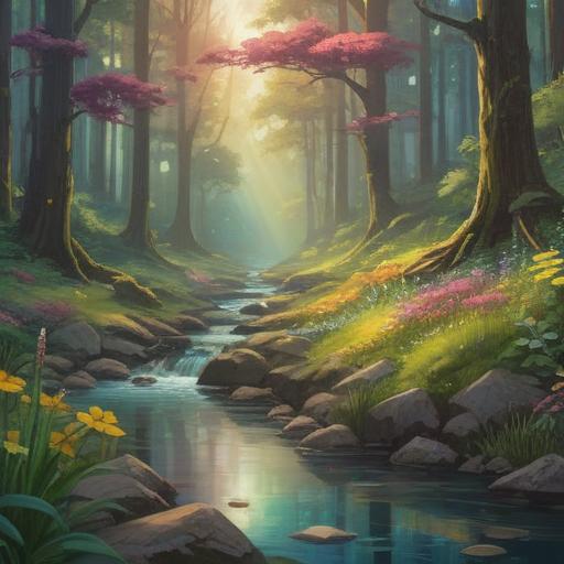A serene nature scene, a peaceful forest with sunlight filtering through the trees, a calm stream flowing gently, colorful wildflowers blooming, a person sitting on a rock meditating, surrounded by tranquility, birds chirping in the background, a feeling of rejuvenation and clarity, inviting atmosphere, 4k
