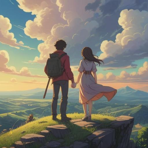 A serene and introspective scene depicting a mature couple standing apart on a scenic hilltop, sunlight breaking through clouds, embodying a sense of liberation and newfound self-discovery, rich greenery surrounding them, gentle breeze, soft expressions conveying peace, ethereal light symbolizing spiritual awakening, harmonious balance of nature, 4k