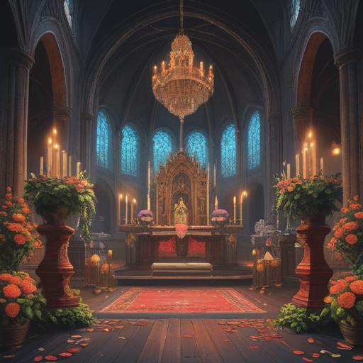 A somber and reflective scene depicting a spiritually unblessed wedding, contrasting emotions of joy and sorrow, an empty altar adorned with wilted flowers, a couple with solemn expressions, ethereal light casting shadows, ghostly figures lingering nearby, symbolic elements of broken chains and muted colors, 4k
