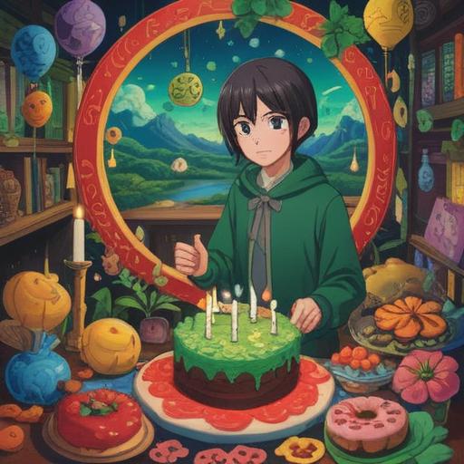 A vibrant illustration of a person celebrating their birthday surrounded by symbols of good luck, such as a four-leaf clover, a horseshoe, and bright fireworks in the background, festive atmosphere, joyful expressions, colorful balloons and decorations, uplifting energy, detailed elements representing different cultural luck symbols, enchanting scene, 4k