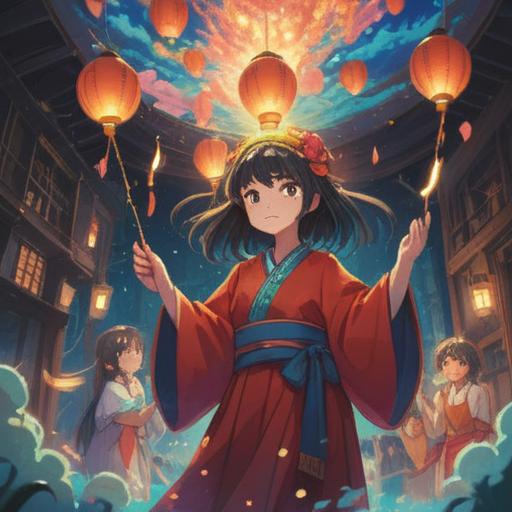A serene illustration depicting a spiritual celebration, soft glowing lights, harmonious music notes floating in the air, people in traditional attire joyfully participating, surrounded by nature, colorful flowers blooming, a peaceful atmosphere, ethereal energy radiating from the gathering, 4k