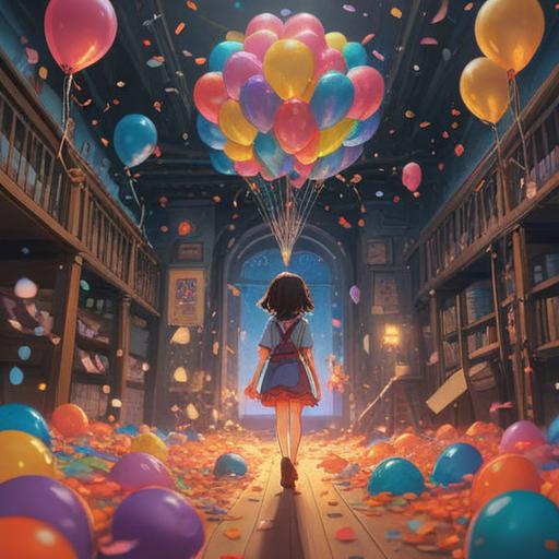 A bright and cheerful illustration of a lucky charm collection, vibrant colors, shimmering effects, festive atmosphere, surrounded by balloons and confetti, a joyful character celebrating, with a variety of lucky items such as four-leaf clovers and horseshoes, 4k