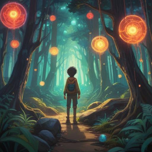 A whimsical illustration of a person standing in a serene forest, surrounded by glowing orbs of light, ancient trees, and shimmering symbols in the air, whispering magical words that emanate a vibrant aura, enchanting atmosphere, mystical vibes, colorful enchantments, 4k
