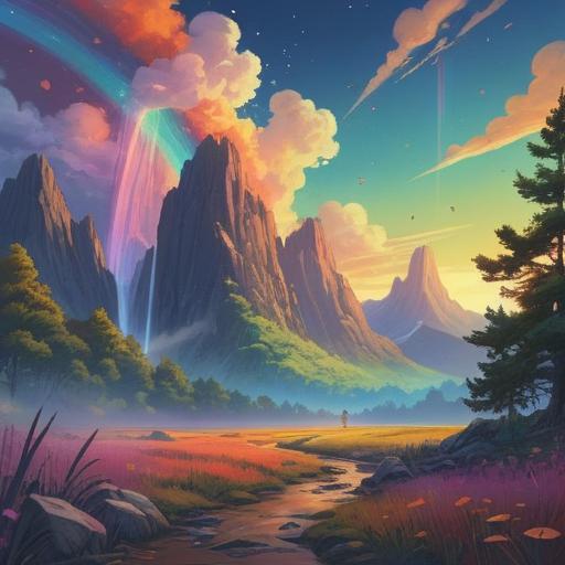 A vertical rainbow symbolizing spiritual meaning, vibrant colors blending harmoniously, ethereal atmosphere, serene landscape in the background, sparkling light effects, mystical aura surrounding the rainbow, representation of hope and transformation, exquisite details, high resolution