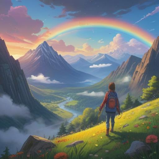 A vertical rainbow arching across a serene landscape, symbolizing spiritual blessings and positive signs, vibrant colors blending harmoniously, misty mountains in the background, lush green scenery, ethereal light illuminating the rainbow, peaceful atmosphere, reflections in a calm lake, inspirational mood, 4k