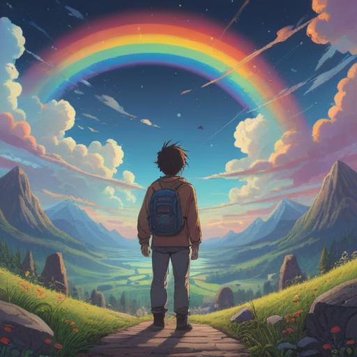 A vertical rainbow appearing in the sky, symbolizing spiritual awakening and guidance, vibrant colors illuminating the surroundings, people gazing in awe, serene landscape with lush greenery, a sense of peace and clarity, ethereal light shining from the rainbow, moment of reflection and inspiration, 4k