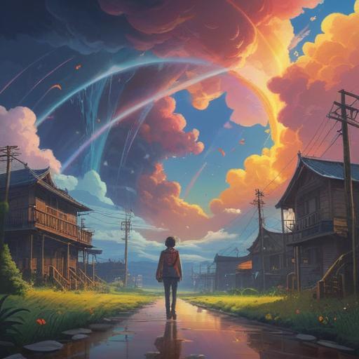 A vertical rainbow emerging after a storm, vibrant colors, magical aura surrounding it, symbolizing good luck and fortune, intricate details of the landscape beneath, flowers blooming and sparkling, serene atmosphere, enchanting light effects, 4k