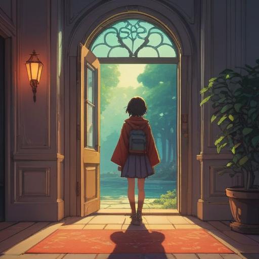 A serene digital illustration, a person standing before a grand door symbolizing opportunity, soft morning light illuminating the scene, thoughtful expression on their face, surrounded by elements representing hope and preparation, a blend of nature and architecture, inviting and uplifting atmosphere, vibrant colors, 4k
