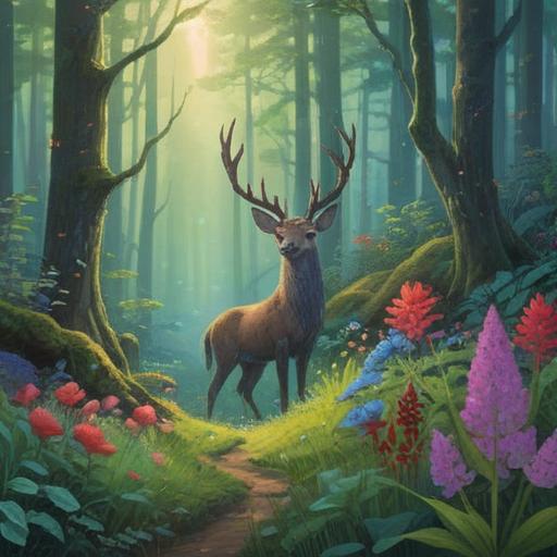 A serene forest scene, ethereal lighting, gentle mist enveloping the trees, a graceful animal surrounded by vibrant wildflowers, spiritual symbols softly glowing in the background, a sense of tranquility and connection with nature, harmonious color palette, inviting atmosphere, 4k