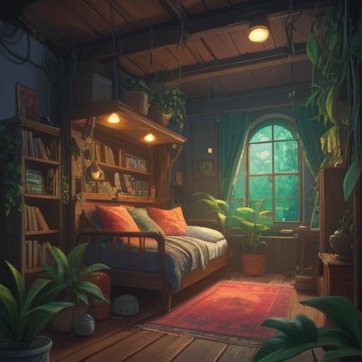 A whimsical scene of a cozy room with plants, a glowing diffuser emitting vibrant mist, a cute animal snuggling up to a scented candle, soft light filtering through the window, warm colors, inviting atmosphere, subtle hints of herbs and essential oils, comfort and relaxation, 4k