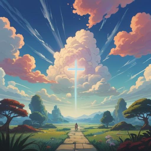 A serene landscape featuring a cross-shaped cloud in a clear blue sky, soft sunlight illuminating the scene, symbols of spirituality and hope, a tranquil environment, gentle rays of light filtering through the cloud, surrounded by lush greenery, calming atmosphere, harmonious composition, 4k