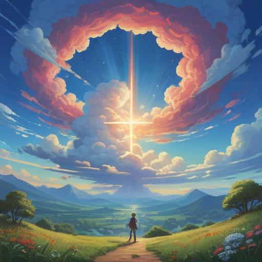 A serene landscape featuring a cross-shaped cloud formation in a bright blue sky, symbolizing spiritual hope and guidance, gentle rays of sunlight breaking through the cloud, lush green fields below, peaceful atmosphere, inviting scenery, 4k