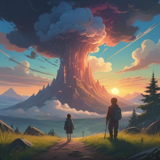 A dramatic sky with a cross-shaped cloud formation, ethereal light beams breaking through, a serene landscape below, people gazing in awe, nature reflecting tranquility, hints of spirituality in the atmosphere, warm light illuminating the scene, 4k