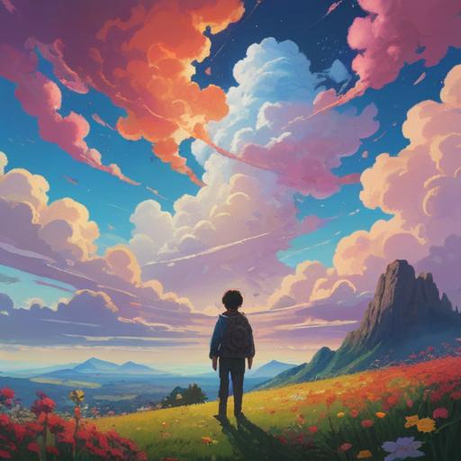 A serene landscape featuring a cross-shaped cloud in the sky, a person gazing upward in awe, surrounded by vibrant flowers, a gentle breeze rustling through, sunlight filtering through the leaves, a feeling of hope and good fortune, uplifting atmosphere, vivid colors, 4k