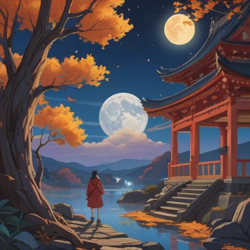 A mystical night scene, full moon illuminating the sky, traditional Japanese elements, serene atmosphere, glowing spirits under the moonlight, vibrant autumn leaves, a sense of tranquility and harmony, ethereal light trails, peaceful nature, reflections in a calm pond, 4k