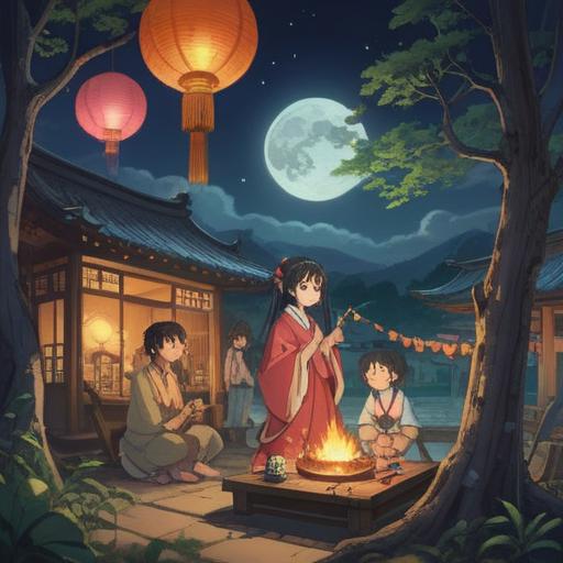 A serene evening scene under a bright full moon, depicting a group of friends enjoying a traditional Japanese festival, featuring lucky items like a small rabbit figurine, colorful lanterns, and delicious seasonal treats, surrounded by cherry blossom trees, warm light illuminating their joyful faces, celebrating togetherness and good fortune, 4k