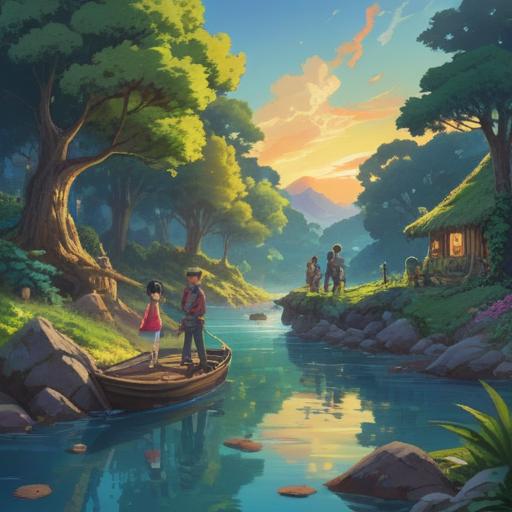 A serene landscape depicting a peaceful gathering of diverse people, sharing stories and ideas, surrounded by nature, a gentle river flowing nearby, sunlight filtering through the trees, smiles and laughter, a sense of community, 4k