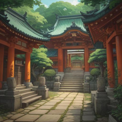 A serene and enchanting depiction of Sumiyoshi Taisha's Omoto Shrine, rich spiritual significance, lush greenery surrounding the shrine, traditional Japanese architecture, ethereal light filtering through the trees, tranquil atmosphere, spiritual symbols, connection to nature, harmonious blend of nature and spirituality, 4k