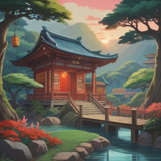 A serene and mystical landscape depicting a traditional Japanese setting, featuring the Omoto Shrine in the foreground, surrounded by lush greenery and blooming flowers, gentle sunlight filtering through the trees, an ethereal glow enveloping the shrine, symbolic representations of spiritual guidance, peaceful atmosphere, harmonious connection with nature, 4k