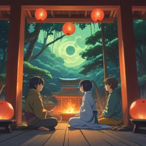 A serene and tranquil scene at Omoto Shrine, people meditating peacefully, various spiritual symbols in the air, glowing orbs representing divine guidance, cherry blossoms gently falling, warm sunlight filtering through the trees, a sense of calm and connection with nature, 4k