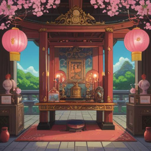 A vibrant illustration of a traditional Japanese altar, lucky charms and amulets displayed, a serene atmosphere with soft light filtering through cherry blossom trees, a person meditating in front of the altar, rich colors highlighting the cultural significance, peaceful setting, good fortune theme, 4k