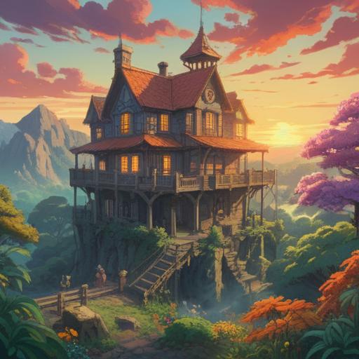 A serene landscape illustrating the spiritual significance of a dwelling place, a tranquil home nestled among lush trees, sunlight filtering through leaves, a pathway leading to the entrance, surrounded by nature symbols, vibrant flowers representing peace, harmonious color palette, inviting atmosphere, 4k