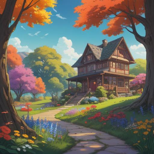A serene landscape featuring a peaceful home surrounded by nature, soft sunlight filtering through trees, vibrant flowers blooming nearby, a sense of tranquility and spiritual awakening, gentle animals roaming freely, harmonious colors, inspiring atmosphere, 4k