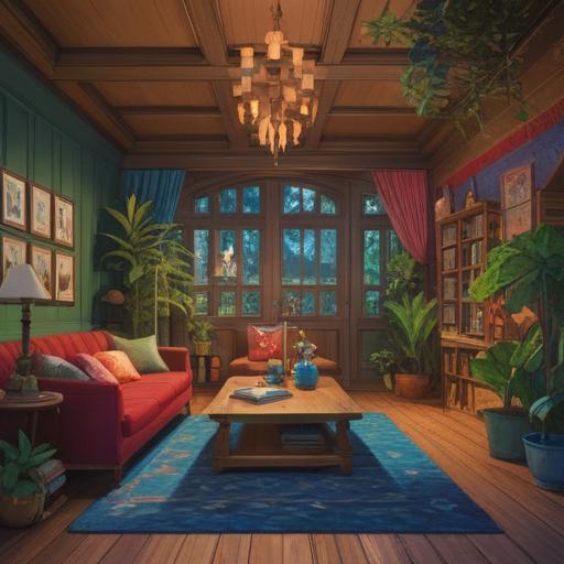 A cozy interior design scene, featuring vibrant colors, harmonious arrangements, plants and furniture that promote positivity, a well-organized space filled with good vibes, natural light streaming through windows, decorative elements symbolizing luck and fortune, inviting atmosphere, elements of feng shui principles, comfortable seating areas, artistic wall decor, 4k