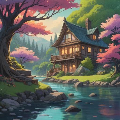 A serene landscape depicting a peaceful sanctuary, natural elements like trees and flowing water, a small cozy home symbolizing comfort and belonging, soft sunlight filtering through the leaves, a gentle breeze suggesting tranquility, harmonious colors reflecting spirituality, inviting atmosphere, wellness and inner peace, 4k