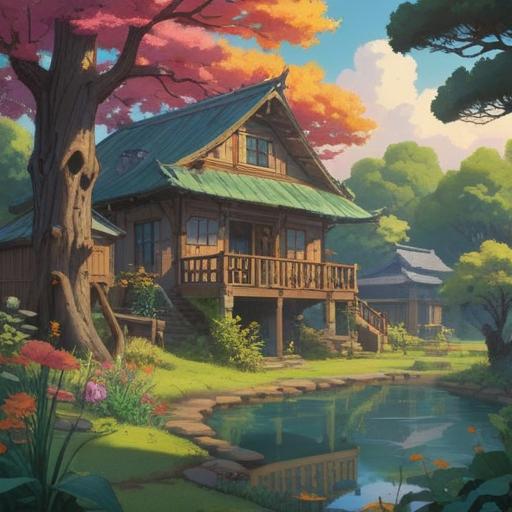 A serene landscape featuring a peaceful dwelling surrounded by nature, vibrant flora, gentle sunlight filtering through the trees, symbols of spirituality like chakras and mandalas integrated into the environment, a calming river flowing nearby, birds singing in the background, a sense of tranquility and harmony, 4k