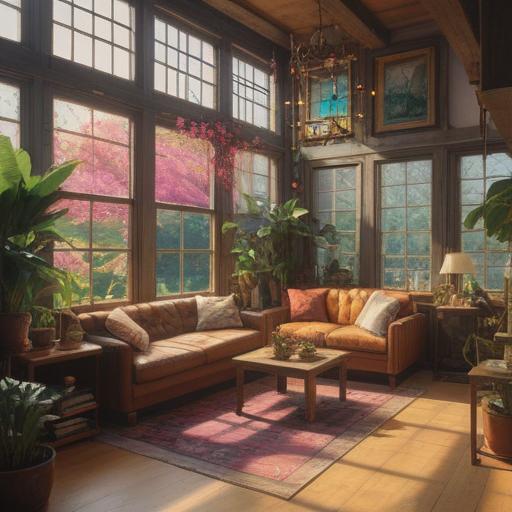 A serene and harmonious living space infused with positive energy, vibrant plants and decorative lucky items, sunlight streaming through large windows, a cozy atmosphere, a blend of modern and traditional decor, wooden furniture, soothing color palette, intricate details on the lucky items, 4k