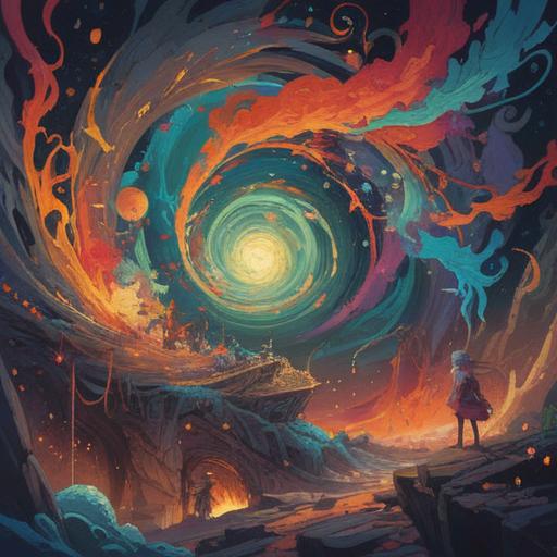 An abstract representation of a mind in chaos, swirling colors, fragmented thoughts, ethereal presence, symbols of distraction, a person meditating amidst turmoil, vibrant energy around them, contrasting peace and chaos, spiritual awakening, 4k