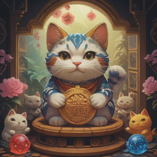 A colorful assortment of lucky items for boosting concentration, featuring a traditional Japanese maneki-neko, a focus-enhancing crystal, calming herbal tea bag, a stylish notebook, a quirky hourglass, arranged on a wooden desk, soft natural light filtering through a window, inviting and serene atmosphere, 4k