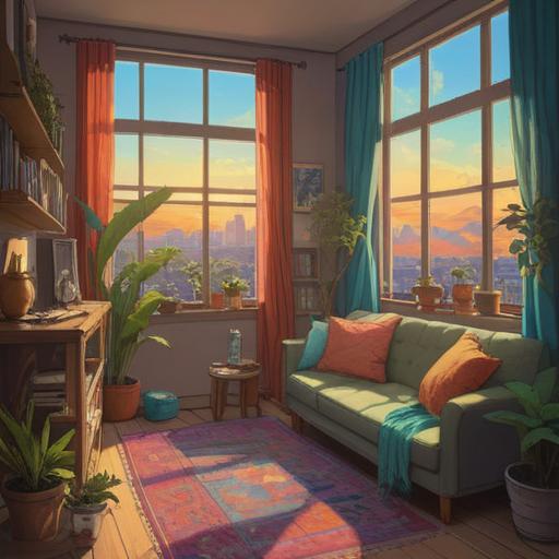 A serene scene depicting a cozy living room, a person practicing mindfulness meditation, sunlight streaming through the window, plants enhancing the peaceful atmosphere, a steaming cup of herbal tea on a side table, soft pillows and a warm blanket creating comfort, gentle ambient lighting, a feeling of relaxation, inspiring tranquility, 4k