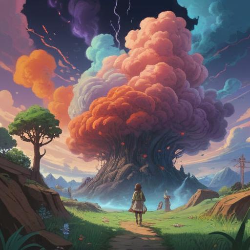 A surreal illustration depicting the spiritual meaning of smelly farts, whimsical colors, ethereal figures rising from the ground, clouds of vapor with glowing symbols, nature elements intertwined, imaginative landscape, humor blended with spirituality, vibrant and dreamlike atmosphere, 4k