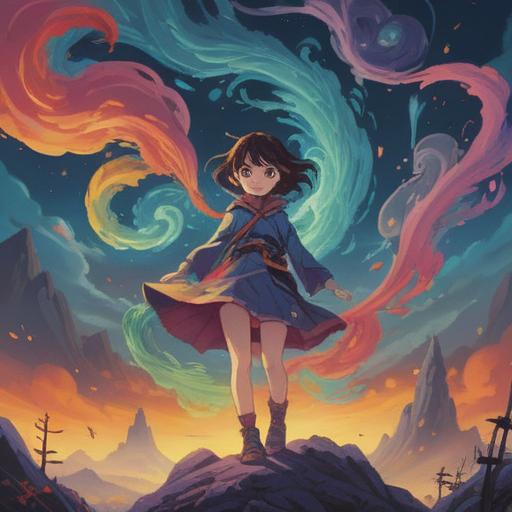 A whimsical illustration depicting a cartoonish character surrounded by swirling, colorful mist, symbolizing spiritual energy, playful expression, humorous elements reflecting the concept of flatulence, ethereal lights and symbols floating around, vibrant colors, cheerful atmosphere, enchanting details, 4k