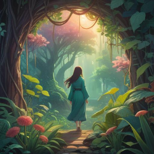 A serene depiction of a tranquil setting featuring a meditative figure surrounded by aromatic plants, soft diffused light, ethereal wisps of fragrance enveloping the scene, harmony between mind and body, peaceful facial expression, natural elements harmonizing with calming colors, lush greenery, soothing atmosphere, 4k