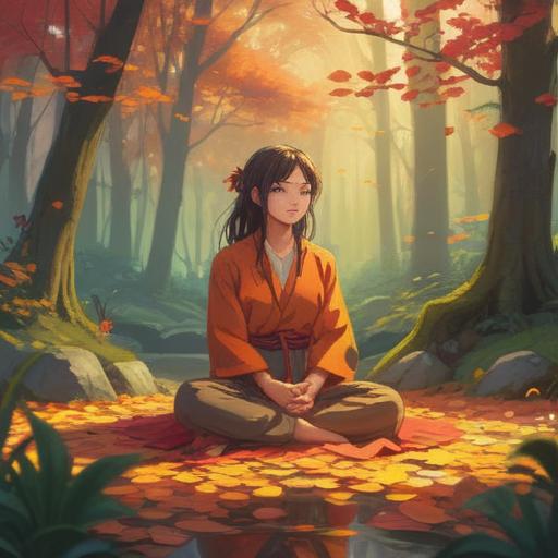 A mystical autumn equinox scene, ethereal light filtering through colorful fall leaves, a serene figure meditating in nature, surrounded by gentle whispers of wind, symbolic signs of spirituality such as chakras or luminous orbs, warm earthy tones, tranquil atmosphere, harmonious connection with nature, softly glowing background, 4k