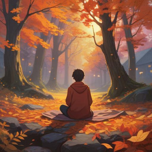 A serene autumn equinox scene, vibrant autumn leaves falling, people meditating in nature, balance between light and dark, celebration of gratitude, rituals around a fire, warm colors of the sunset, peaceful atmosphere, connection with nature, 4k