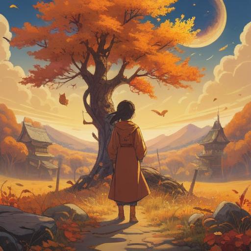 A spiritual scene on the autumn equinox, warm golden hues, serene landscape, mystical energy in the air, symbolic signs of harmony and balance, gentle flowing leaves, soft sunlight filtering through trees, tranquil ambiance, inviting path leading to a sacred space, 4k
