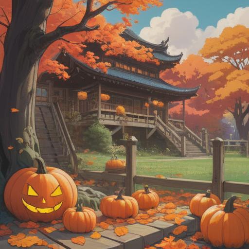 A serene autumn scene, vibrant fall leaves, cozy outdoor gathering, traditional Japanese symbols of good luck, pumpkins and sake, peaceful atmosphere, warm sunlight filtering through trees, people enjoying seasonal festivities, rich textures, 4k