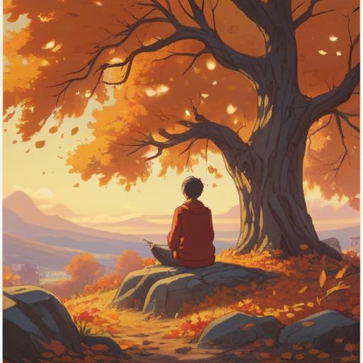 A serene autumn landscape, golden leaves falling, a peaceful person meditating under a tree, soft sunlight filtering through branches, cozy atmosphere, vibrant shades of orange and yellow, a journal and cup of tea nearby, reflections of inner peace, mindfulness and organization, tranquility in nature, 4k
