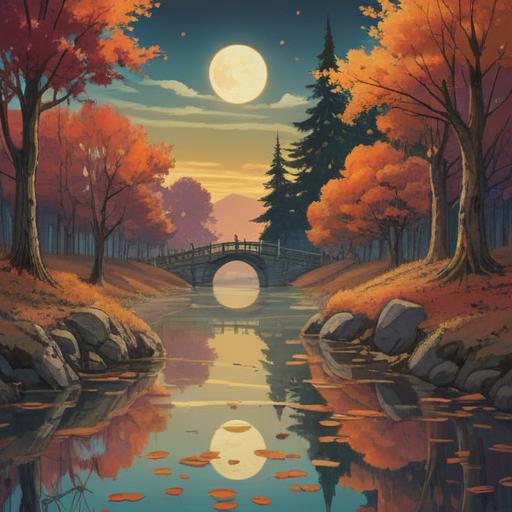 A serene illustration capturing the essence of the autumn equinox, harmony of nature and spirit, balance of light and darkness, reflection and gratitude, vibrant autumn leaves falling, a circle of people meditating, warm golden light surrounding them, deep connection to earth and cosmos, tranquil atmosphere, 4k