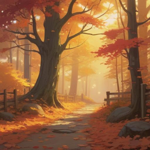 A mystical autumn equinox scene, vibrant fall foliage, soft golden sunlight filtering through trees, ethereal symbols in the air representing spiritual signs, tranquil meditation space, rich colors of orange, red, and yellow, serene atmosphere, elements of nature and spirituality, 4k