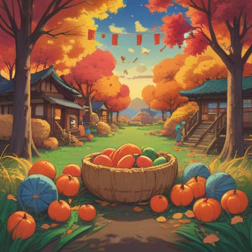 A vibrant illustration of autumn equinox celebration, featuring lucky items like traditional Japanese rice bales and seasonal fruits, surrounded by colorful fallen leaves, warm sunlight filtering through trees, a festive atmosphere, cultural elements, inviting and heartwarming scene, 4k