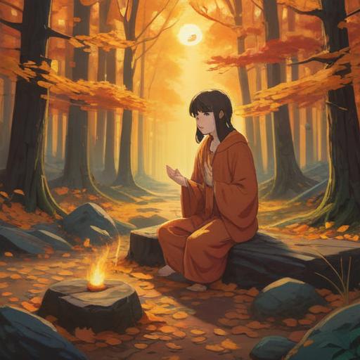 A serene autumn equinox ritual, peaceful setting in a quiet forest, golden leaves gently falling, a figure meditating with open hands, soft light filtering through the trees, rich autumn colors, tranquil atmosphere, symbolizing inner balance, ritual elements like candles and nature offerings, high detail