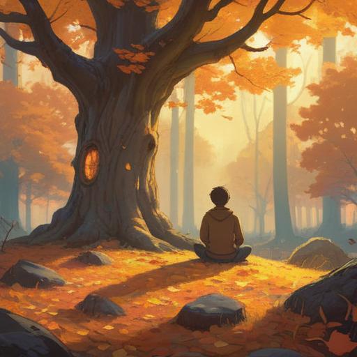 A serene autumn equinox scene, golden leaves gently falling, ethereal light illuminating a peaceful forest, people meditating under a large tree, symbols of balance and harmony in the air, vibrant colors of nature, tranquil atmosphere, uplifting spiritual energy, 4k