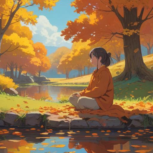 A serene autumn landscape, golden leaves gently falling, a calm meditation scene, a person reflecting on their health, soft sunlight filtering through trees, symbols of balance and harmony in nature, a sense of renewal and introspection, peaceful atmosphere, subtle spiritual elements, 4k