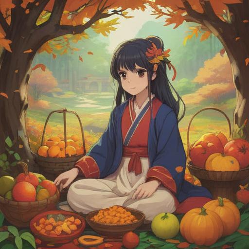 A serene autumn equinox ceremony, vibrant autumn foliage, participants dressed in traditional attire, meditative atmosphere, offerings of fruits and grains, soft rays of sunlight filtering through trees, peaceful gathering in nature, warm colors, harmonious interactions, cultural significance, 4k